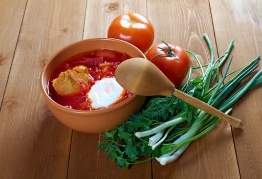 ukrainian and russian red-beet soup (borscht) with garlic and sour cream