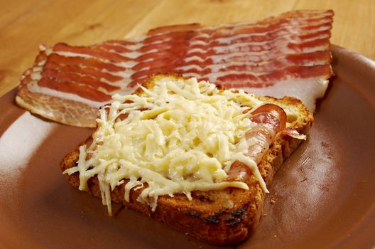 Cheese toast with piece  bacon.Close up of toasted white bread in slices