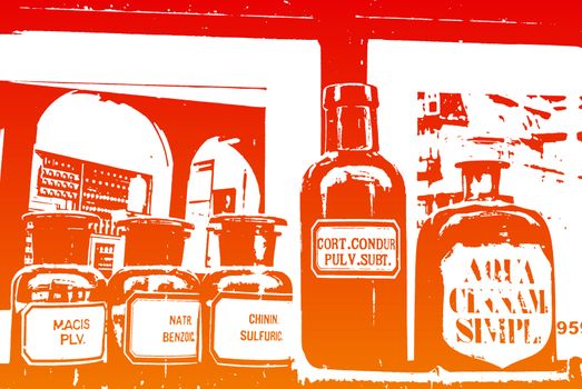 Pharmacy bottles in the window