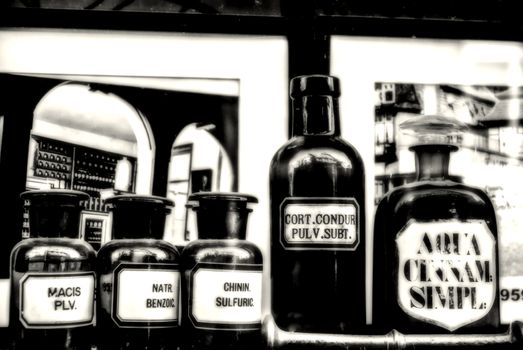 Pharmacy bottles in the window