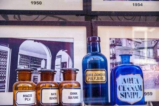 Pharmacy bottles in the window