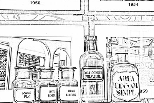 Pharmacy bottles in the window