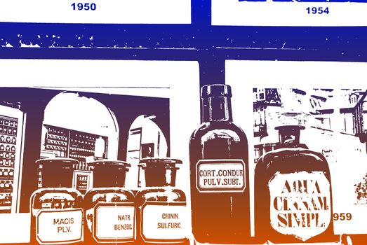 Pharmacy bottles in the window