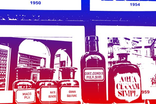 Pharmacy bottles in the window