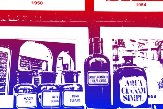Pharmacy bottles in the window
