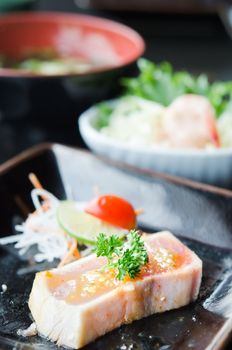 Quick grilled Sashimi with spicy sauce served with  fresh vegetable  on plate, japanese style cuisine