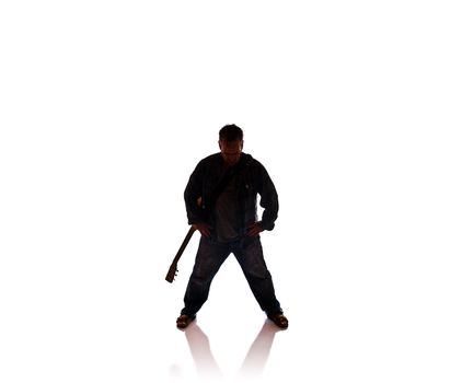 Silhouette of a man with a guitar on white background