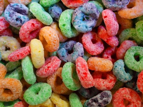 Sweet fruit cereal close up showing vivid colors.