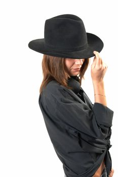 The girl in a black shirt and a cowboy's hat 