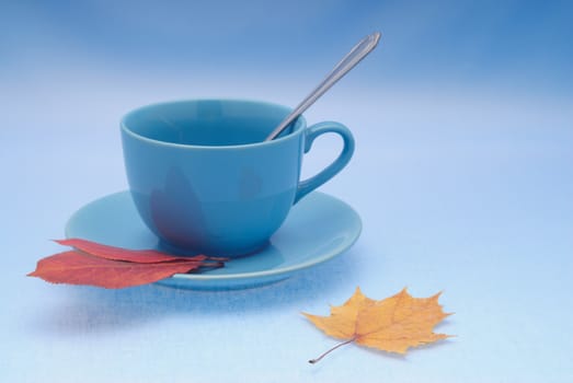 Autumn leaves are on the table beside teacup with a saucer and spoon