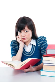 Portrait of an attractive female student studying,  isolated on white background.