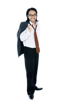 Full-length portrait of a happy young business executive with his jacket over shoulder.