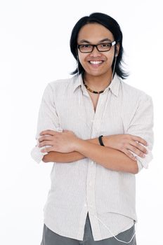 Portrait of a handsome young Asian man smiling over white background