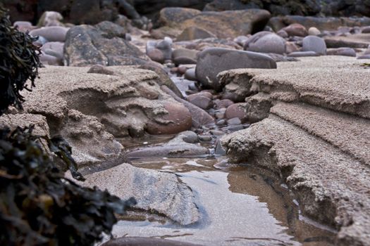 closeup of costal scene with sand, water and stones