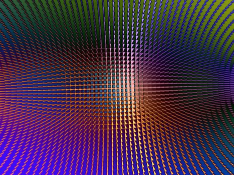 Rendering of section of metallic three dimensional circular mesh suitable as a background screen