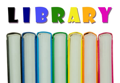 Row of colorful books' spines over the white background