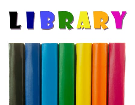 Row of colorful books' spines over the white background