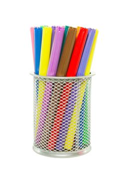 Metallic socket with colorful felt pens isolated on white
