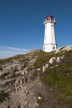 Lighthouse located at the top of the hip with bright blue sky in the background located in Nova Scotia, Canada