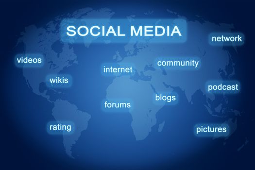 Social Media buttons concept on blue world map