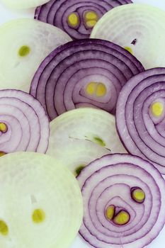 Red sliced onion on white background.
