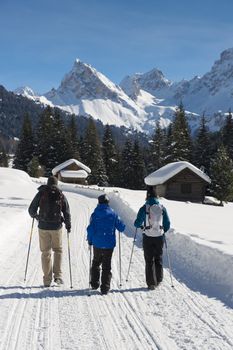 Family  hiking on a snowy trail in val di fassa, in the dolomites