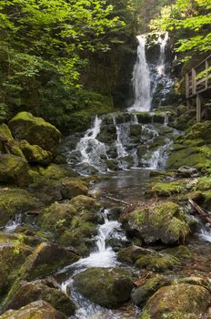 Waterfall surrounded by large moss covered blouders, located in the Bay of Fundy area of the New Brunswick