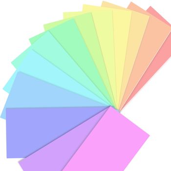 Illustration depicting a fan of colour swatch cards arranged over white.