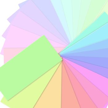 Illustration depicting a fan of colour swatch cards arranged over white.