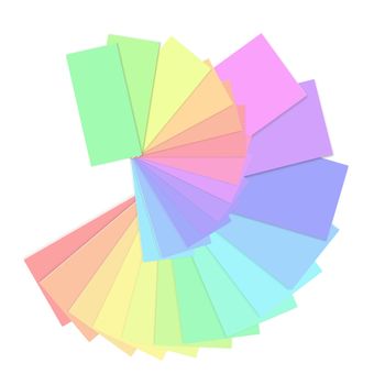 Illustration depicting a fan of colour swatch cards arranged over white.