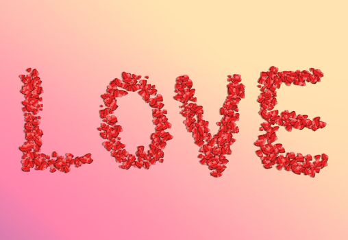 Illustration depicting many red coloured love hearts arranged to spell the word 'love' over shades of pink and peach.