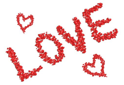 Illustration depicting many red coloured love hearts arranged to spell the word 'love' over white.