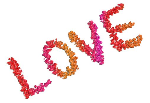 Illustration depicting many red, pink and orange coloured love hearts arranged to spell the word 'love' over white.