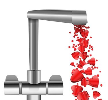 Illustration depicting a chrome water tap with metallic red love hearts flowing from the spout against a white background.