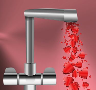 Illustration depicting a chrome water tap with metallic red love hearts flowing from the spout against a dark pink background.
