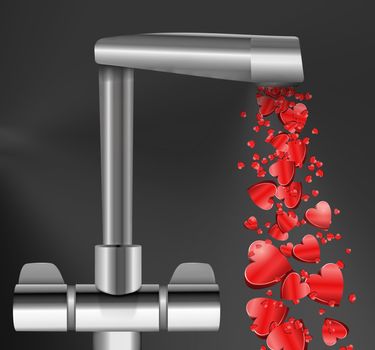 Illustration depicting a chrome water tap with metallic red love hearts flowing from the spout against a dark background.