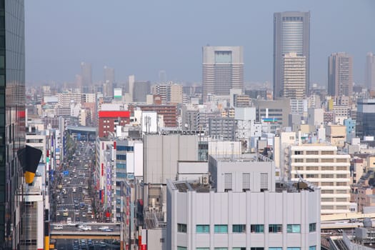 Osaka, Japan - skyline of famous city in the region Kansai. Modern metropolis.