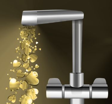 Illustration depicting a chrome water tap with metallic gold love hearts flowing from the spout against a dark background.