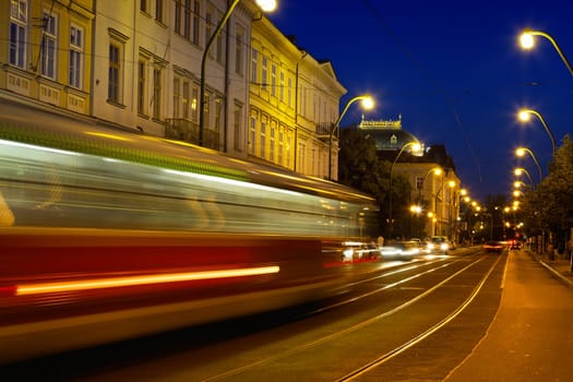 tram on the evening street of Prague