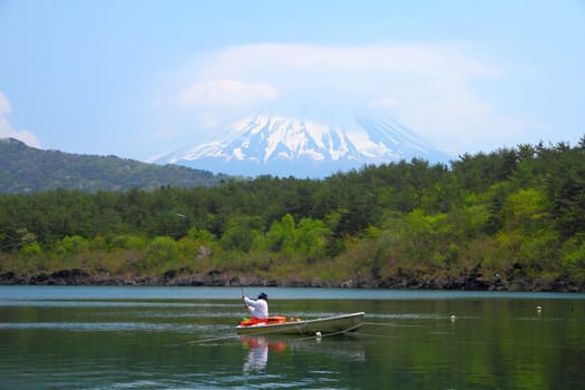 Japan landscape with Mount Fuji - Lake Saiko fisherman and the famous volcano. Part of Fuji Five Lakes in Fuji-Hakone-Izu National Park