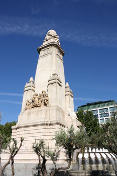 Madrid - fountain and Cervantes Monument at Plaza Espana