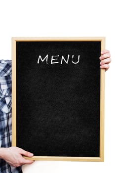 Man holding a blank black board, showing an empty menu 