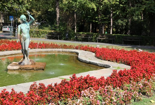 Novi Sad, Serbia - city in the region of Vojvodina. Flowers and fountain in the park.