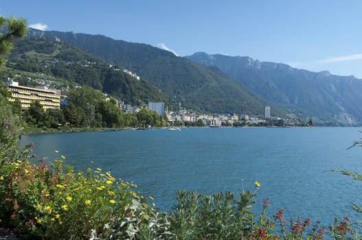 view of the lake and mountains, near the town of Montreux