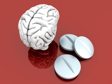 Some pills for the Brain. Symbolic for Drugs, Psychopharmaceuticals, Nootropics and other Medications. 3d rendered Illustration.