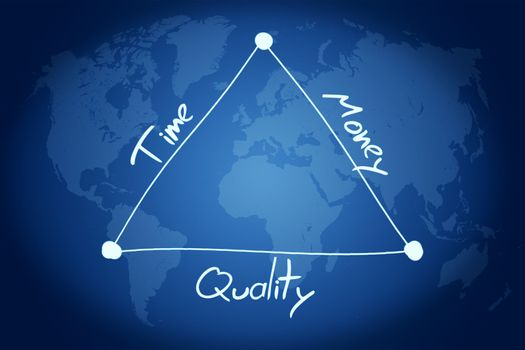 handwritten diagram concept of time, quality and money on blue world map