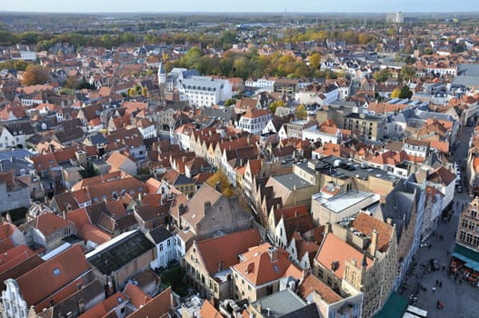 Birds eye view of the main square Brugge (Belgium), taken from the city tower.