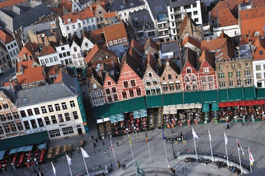 Birds eye view of the main square Brugge (Belgium), taken from the city tower.