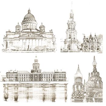 Architectural symbols of St. Petersburg, Russia: St. Isaac's Cathedral, St. Nicholas cathedral, Kunstkamera museum and Temple of the Resurrection of Christ (spas na krovi)