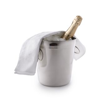 champagne bucket with ice and champagne bottle isolated on white